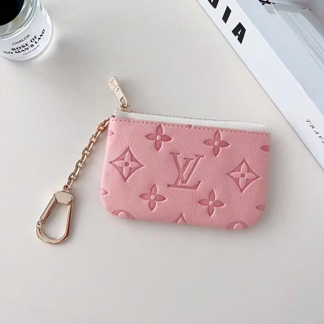 Colorful LV-Inspired Embossed Coin Pouch Collection with Chain Clips