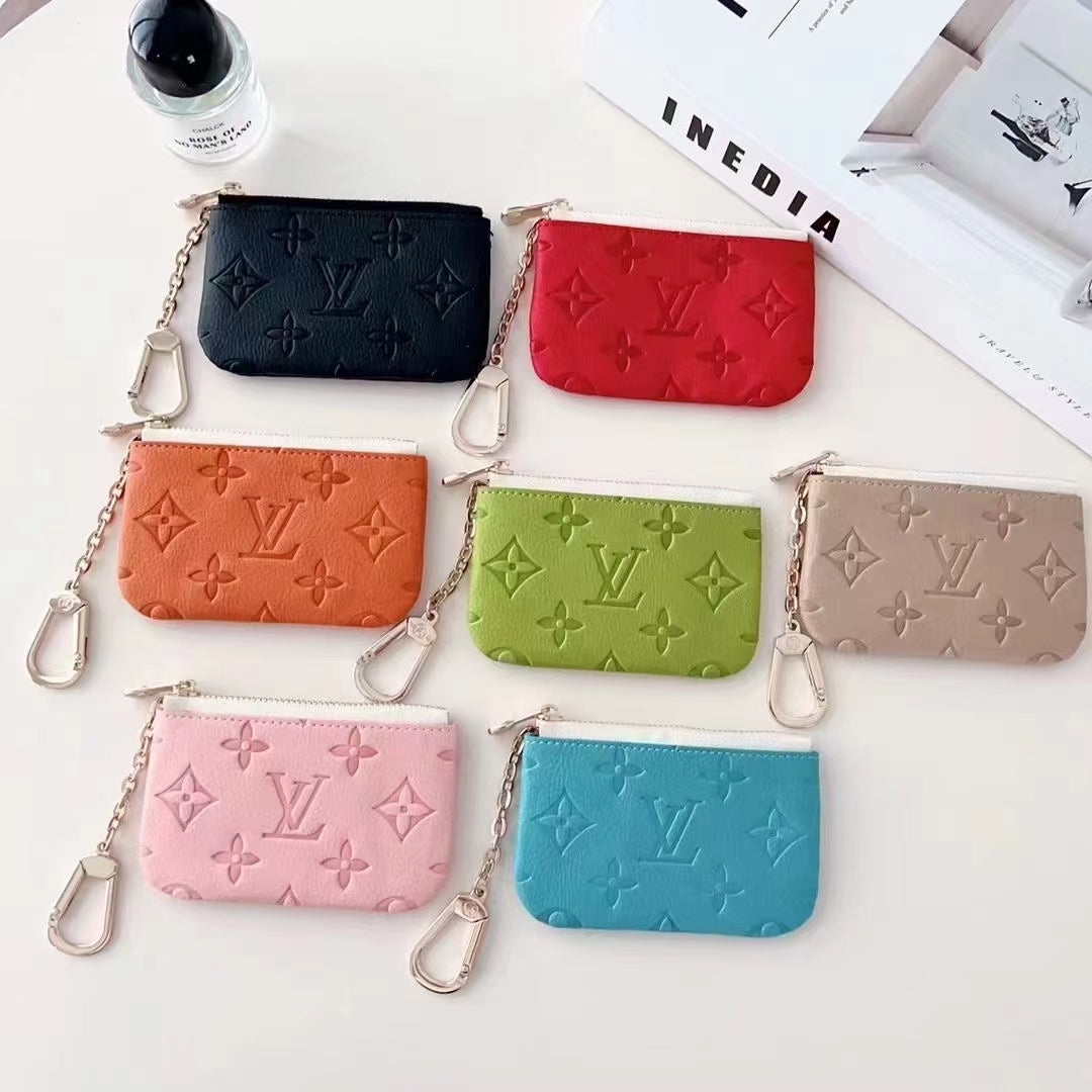 Colorful LV-Inspired Embossed Coin Pouch Collection with Chain Clips